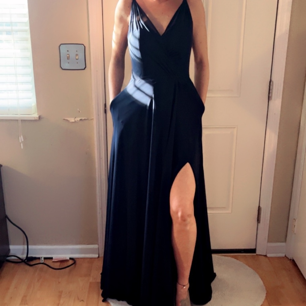 Navy blue bridesmaids dress purchased from Wendy’s bridal in the bridal District